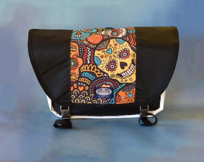 Sugar Skulls Print Upcycled Truck Tarp Messenger Bag