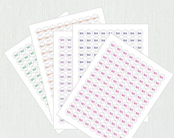 May include: Five sheets of white sticker paper with round price stickers. The stickers are in denominations of $12, $13, $14, and $15. The stickers are printed in different colors, including green, purple, and blue.