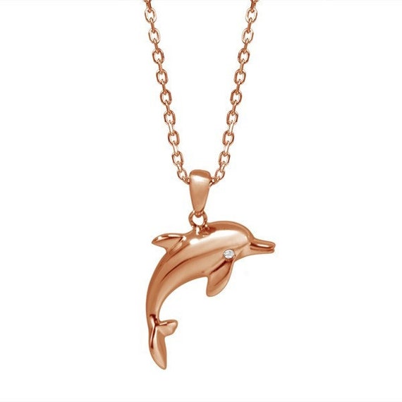 14K Rose Gold Diamond Dolphin Necklace 