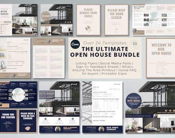 Op de afbeelding: Een verzameling printbare sjablonen voor een open huis evenement. De sjablonen omvatten flyers, social media berichten, inmeldformulieren, feedbackformulieren, een uitdraai van wat er in de omgeving te vinden is, een FAQ voor kopers en printbare borden. De sjablonen hebben een modern ontwerp met een beige en blauwe kleurstelling.