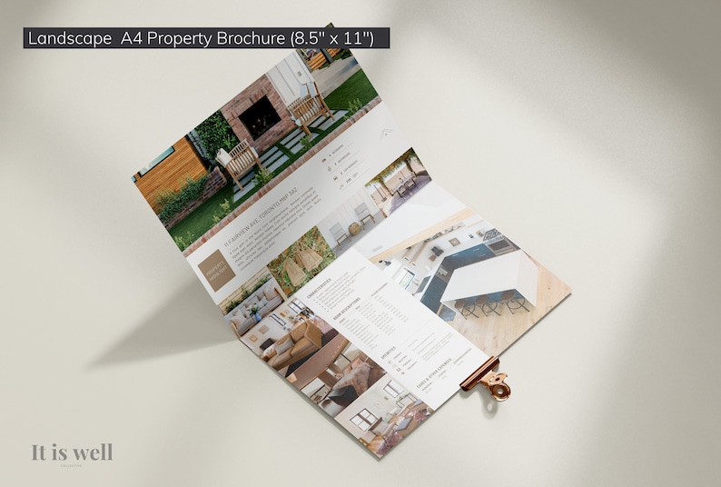 May include: Landscape A4 property brochure (8.5" x 11") with interior and exterior property photos. The brochure is open, held together with a copper clip, and features the text "It is well".