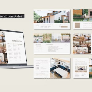 May include: A laptop displaying presentation slides with real estate property information. The slides showcase interior and exterior property views, room descriptions, and amenities. Text on the slides includes "16:9 Presentation Slides" and property details.