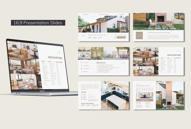 May include: A laptop displaying presentation slides with real estate property information. The slides showcase interior and exterior property views, room descriptions, and amenities. Text on the slides includes "16:9 Presentation Slides" and property details.