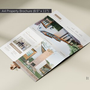 May include: A landscape A4 property brochure, measuring 8.5 x 11 inches, is displayed open. The brochure features images of houses and contact information. A gold-colored clip holds the brochure together. The text "It is well" is visible.