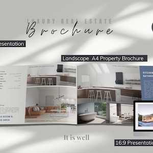 May include: A mockup of a real estate brochure with images of a modern house, kitchen, bathroom, and living room. The brochure is open to show the interior design of the house. The text on the brochure says "Luxury Real Estate Brochure" and "Landscape A4 Property Brochure".