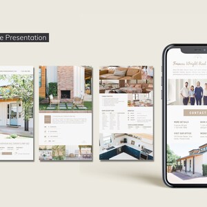 May include: A mobile presentation showcasing real estate listings. The presentation includes images of homes, interior design, and contact information. The phone displays the Frances Wright Real Estate Inc. logo and contact details.