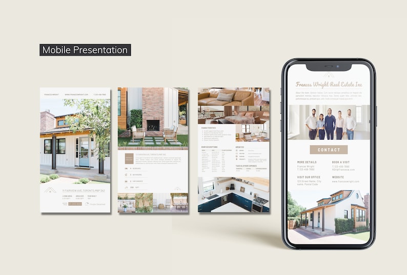 May include: A mobile presentation showcasing real estate listings. The presentation includes images of homes, interior design, and contact information. The phone displays the Frances Wright Real Estate Inc. logo and contact details.