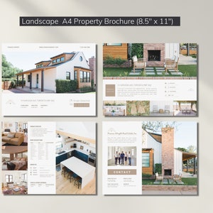 May include: A landscape A4 property brochure, measuring 8.5 x 11 inches, featuring four pages with images of houses and interior design. The brochure includes text and contact information for a real estate company.