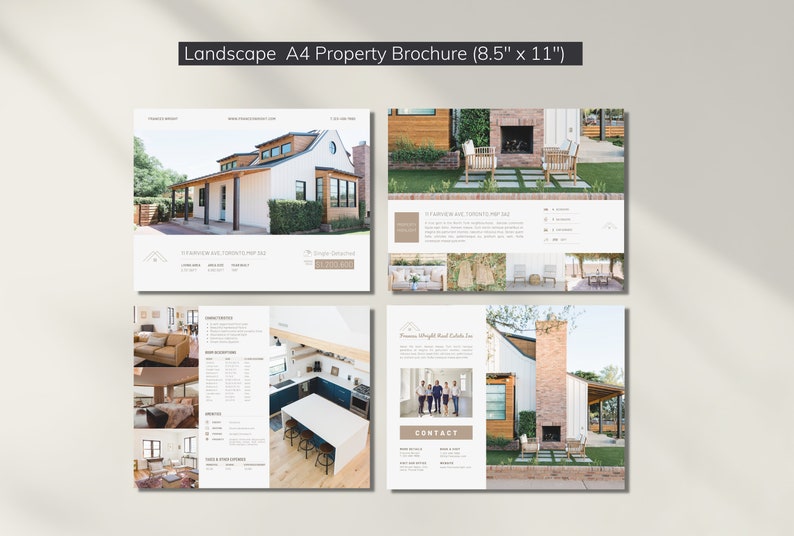May include: A landscape A4 property brochure, measuring 8.5 x 11 inches, featuring four pages with images of houses and interior design. The brochure includes text and contact information for a real estate company.