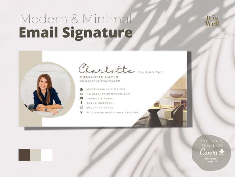 Op de afbeelding: Een moderne en minimalistische e-mailhandtekening sjabloon voor een makelaar. Het sjabloon heeft een beige achtergrond met een cirkel die een foto van een vrouw bevat. De tekst bevat de naam van de makelaar, contactgegevens en links naar sociale media. Het sjabloon is bewerkbaar in Canva en kan direct worden gedownload.
