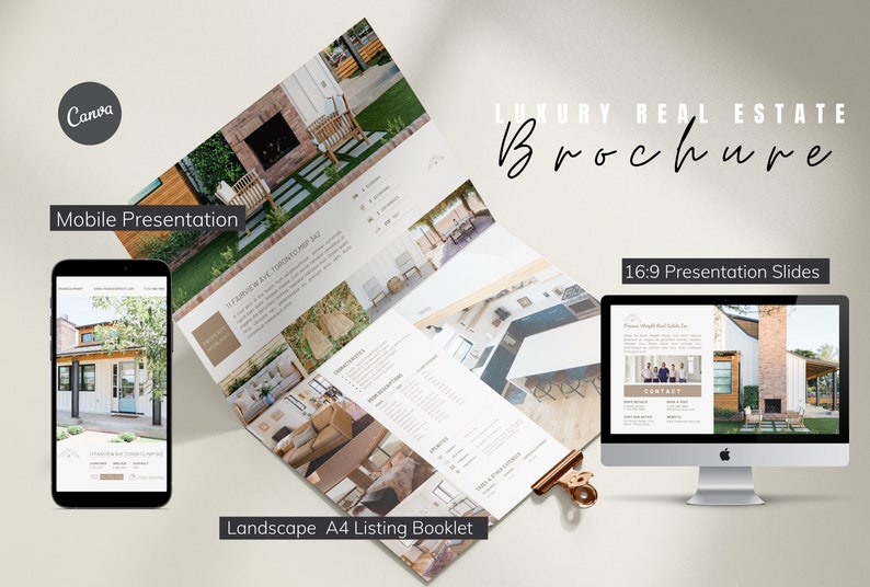 May include: A brochure design for luxury real estate, with a mobile presentation, landscape A4 listing booklet, and 16:9 presentation slides. The design includes images of homes and the text "LUXURY REAL ESTATE Brochure". A smartphone and computer display the brochure.