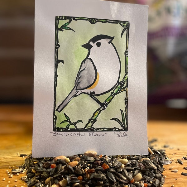 Black Crested Titmouse linoleum cut print