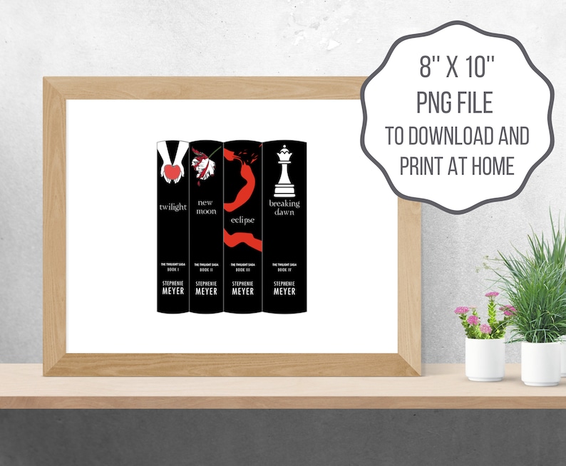 May include: A framed print of four book covers from "The Twilight Saga" series by Stephenie Meyer. The book covers are black with red and white graphics. The print is 20.3 cm x 25.4 cm and includes text that says "PNG FILE TO DOWNLOAD AND PRINT AT HOME."