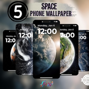 May include: Five smartphones displaying space-themed wallpapers. Each phone shows a different planet image with the time 12:00 or 2:00. The text "SPACE PHONE WALLPAPER" is at the top. A "HIGH QUALITY" badge is at the bottom.