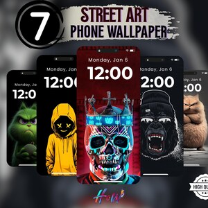 Street Art Phone Wallpaper Bundle - Urban Gorilla, Cyberpunk Skull, Grumpy 3D Animals, Dark Mode Lockscreen, 7 High-Res Digital Download