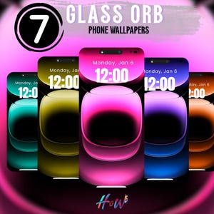 Peut inclure: Une collection numérique de 7 fonds d'écran de téléphone orbe en verre affichés sur cinq écrans de smartphone. Chaque écran montre un orbe lumineux de couleur différente en sarcelle, jaune, rose, bleu et orange. Le texte 7 GLASS ORB PHONE WALLPAPERS est en haut.