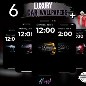 May include: A digital graphic featuring six luxury car wallpapers for smartphones. The image includes a red gift box with a silver bow, and the words "LUXURY CAR WALLPAPERS" are displayed at the top. The time on the phone screens is 12:00 and 2:00.