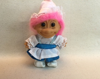 Russ Troll Dutch Girl, Around the World Troll, Pink Hair Troll wearing Clogs, International Troll Doll.