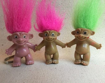 Three 1 1/2” Trolls, Keychain Troll, Mini Trolls with Heart on Cheek