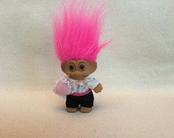 Russ Troll Ringbearer Holding a Heart Shaped Pillow, Troll with Pink Hair, Wedding Troll.