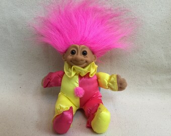 Russ Baby Troll in an Adorable Pink and Yellow Clown Suit, New with Tag, Bright Pink Hair