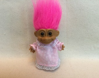 Russ Troll with Pink Hair and Pink Nightgown, Collectible Russ Troll, Great Girl Gift.