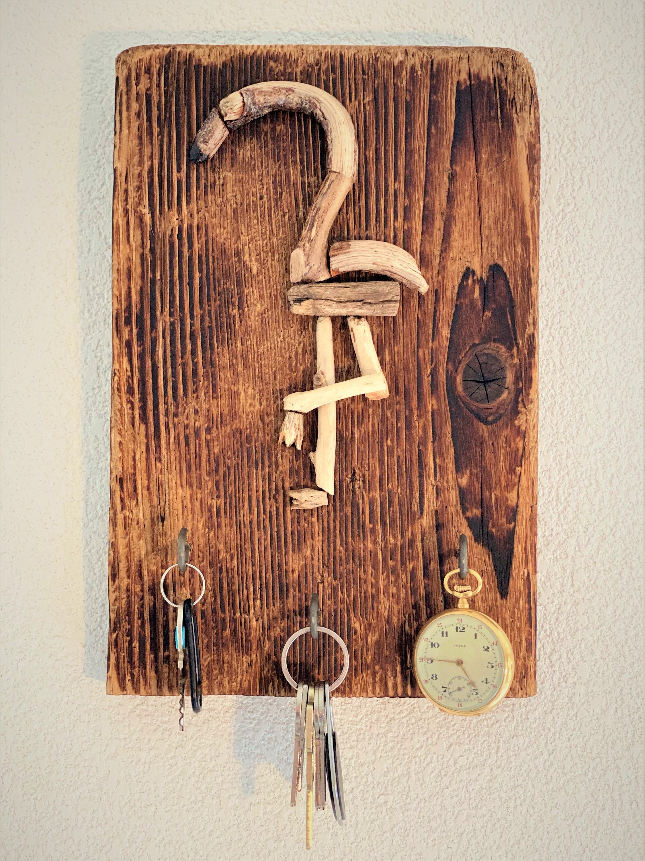 Porte-Clés Mural en Bois Flotté, Flamant Rose, Drift Wood, Wall Key Ring, Flamingo