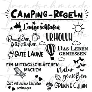 Könnte beinhalten: Schwarz-weiß Illustration von Camping Regeln mit Text in Deutsch. Der Text beinhaltet "Camping-Regeln", "Lange schlafen", "Draußen frühstücken", "Gute Laune", "Ein Mittagsschlafchen machen", "Zeit mit seinen Liebsten verbringen", "Erholen", "Das Leben geniessen", "Natur geniessen", "Grillen & Chillen".