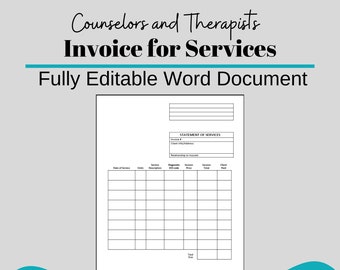 Invoice for services editable Templates, Psychotherapy/ Private Practice/ Counseling Business Forms, Therapy Tools