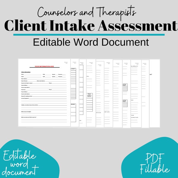 Client Intake assessment form Fillable & Editable Templates, Psychotherapy/ Private Practice/ Counseling Business Forms, Therapy Tools