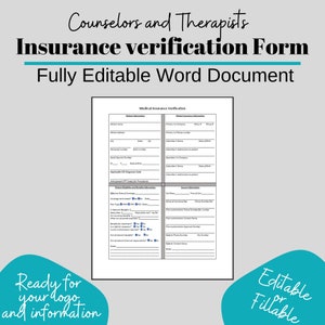 Insurance verification form editable Templates, Psychotherapy/ Private Practice/ Counseling Business Forms, Therapy Tools