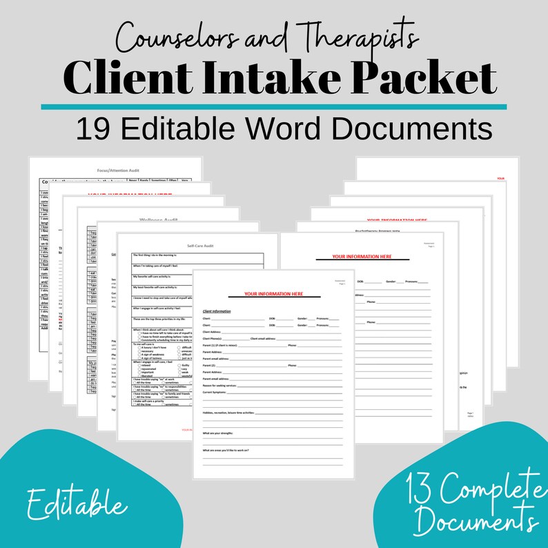 May include: A digital product listing for 19 editable Word documents for counselors and therapists. The documents are designed to help with client intake and include a variety of forms and questionnaires. The listing also includes the text "13 Complete Documents".