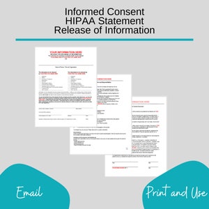 May include: A printable HIPAA statement form for releasing medical information. The form includes sections for patient information, the information to be released, and authorization for release.
