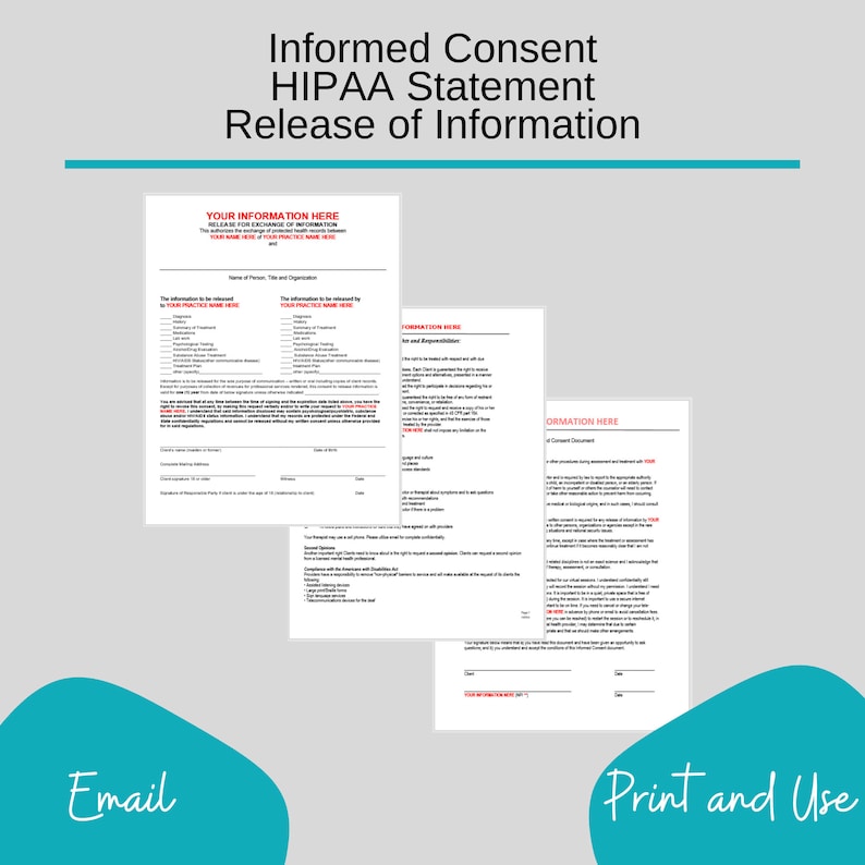 May include: A printable HIPAA statement form for releasing medical information. The form includes sections for patient information, the information to be released, and authorization for release.