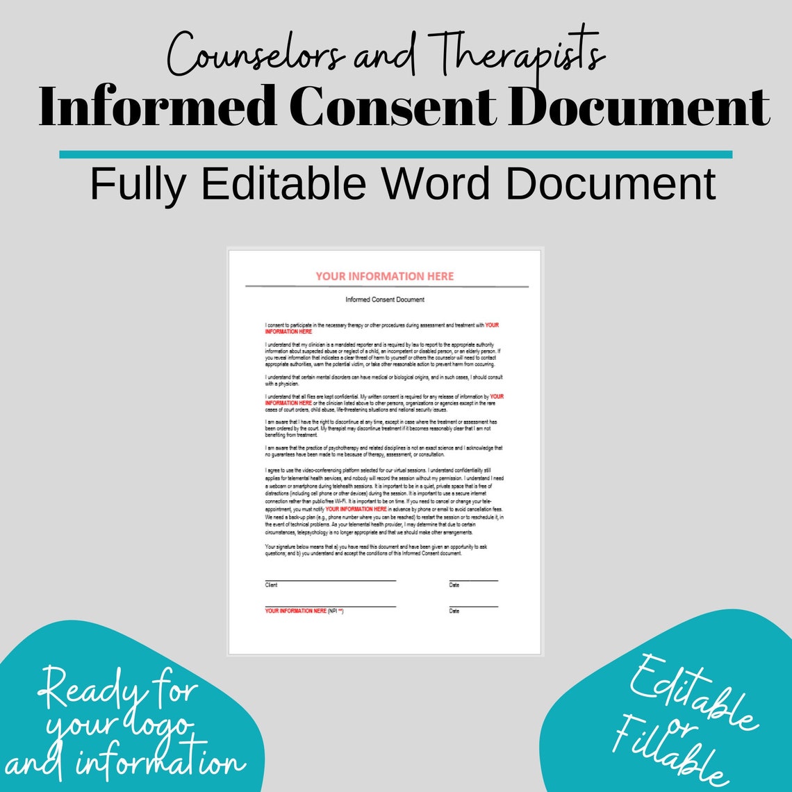 Informed Consent for Counselors & Psychotherapists, Editable Forms Informed Consent for Counselors & Psychotherapists, Editable Forms