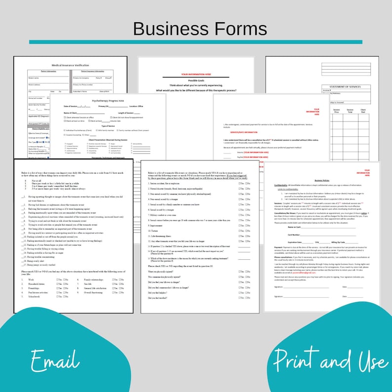 May include: A set of printable business forms with the title "Business Forms" at the top. The forms include a "Statement of Services", "Psychotherapy Progress Note", "Client Observation and Scoring Session", and "Eustressability Business Policy".