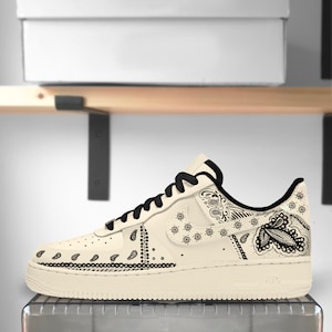 Hand Painted Custom Cream & Black Bandana Print Nike Air Force 1