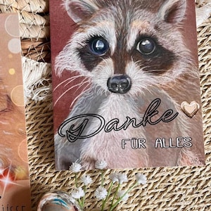 1x Postkarte Waschbär Waldtier Danke für Alles Kuvert Karte handgezeichnet