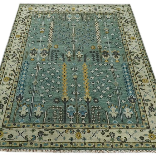 9x12 Ivory Blue Colorful Modern Vintage Oushak Flower Rug Hand Etsy