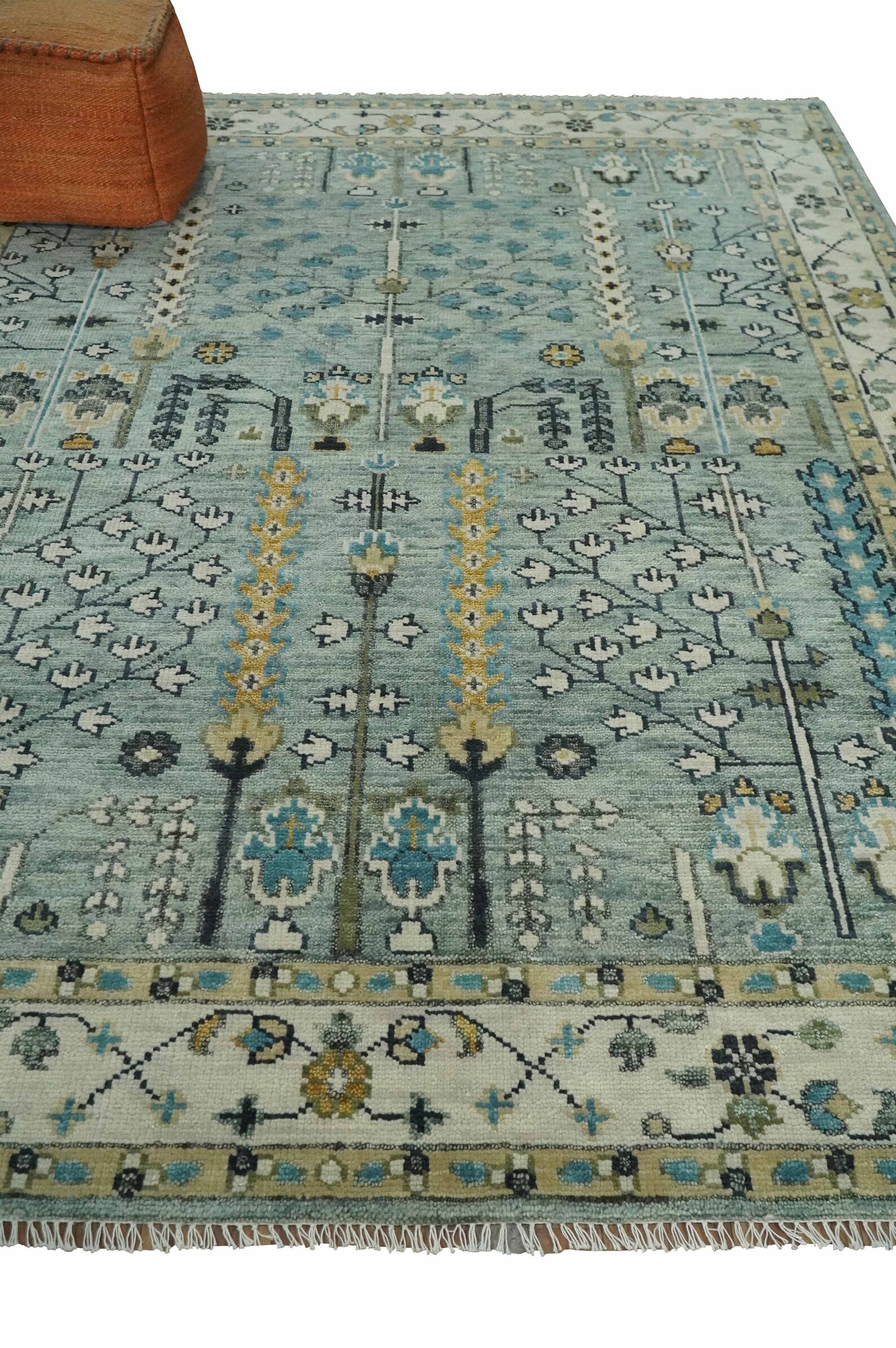 Turkish Wool Oushak Rug Blue and Ivory Hand Knotted 6x9 Etsy