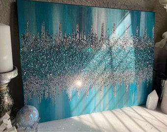 Turquoise & Teal Silver Glitter and Glass Painting, Glitter Painting, Glass Painting, Glam Decor, Glam Decor, Glam Wall Art, Blue Paintings