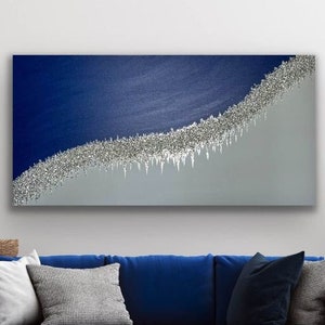Blue Abstract Glitter Painting: Silver Glass Glam Wall Art