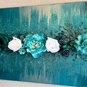 Teal Ombre Floral Bouquet Glass Painting, Teal & Turquoise Glam Painting, Flower Painting, Glass Wall Art, Teal Wall Decor, Turquoise Decor