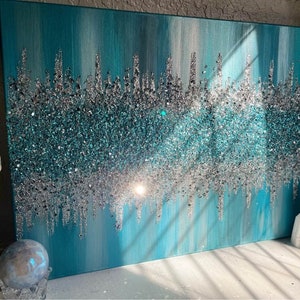 Turquoise & Teal Silver Glitter and Glass Painting, Glitter Painting, Glass Painting, Glam Decor, Glam Decor, Glam Wall Art, Blue Paintings