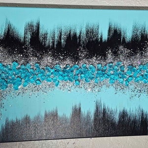 Tiffany Blue Enchanted Gem Painting Glass & Glitter Painting, Blue Black Glam, Blue Home Decor, Blue Wall Art, Tiffany Blue, Glitter Art