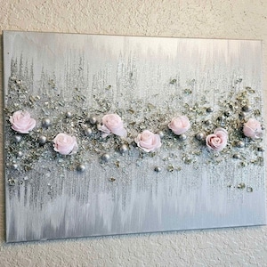 Pink Roses Glitter Glass Painting, Glam Silver Glass Wall Decor, White Silver Glitter Glass Art, White Silver Sparkly Bling Hanging