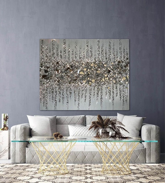 Sparkle Show Beautiful Silver Glass and Glitter Painting Glam Decor Glitter Wall Art Pretty Silver Paintings Home Decor Elegant Art Etsy