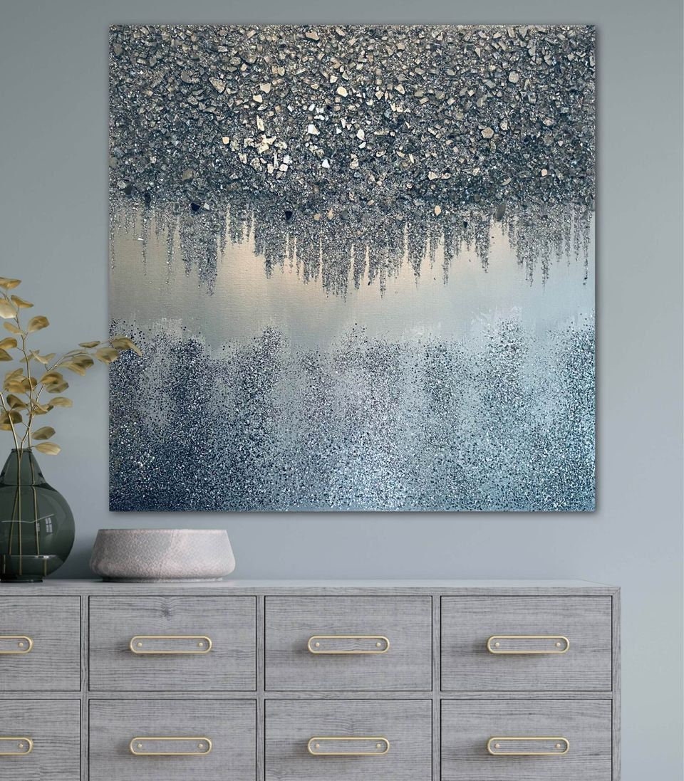 Falling Stars Silver Glass Painting: Glam Glitter Wall Art