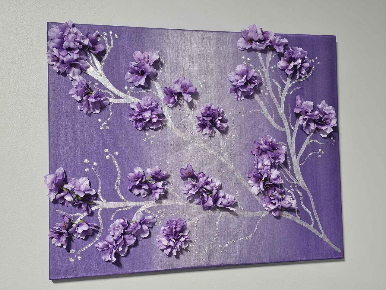 Whimsical Lilac Floral Tree Painting, Glitter Flower Painting, Purple