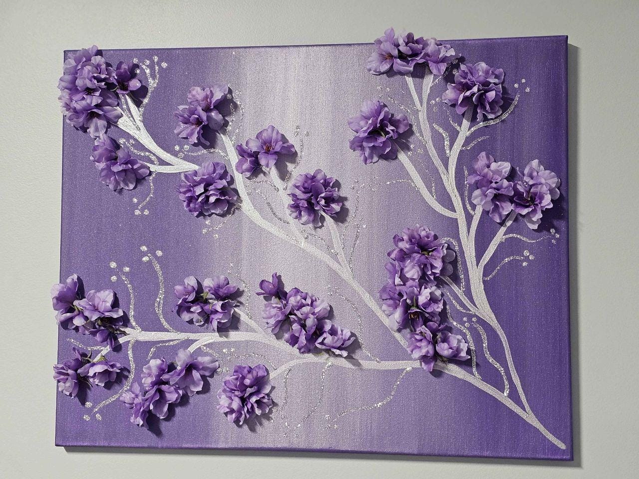 Whimsical Lilac Floral Tree Painting, Glitter Flower Painting, Purple